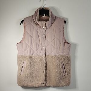Hem & Thread Pink and Tan Quilted Vest with Sherpa Snap Front Pockets Large